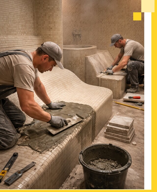 Лежаки для хамама под ключ в Ртищеве, проект и монтаж